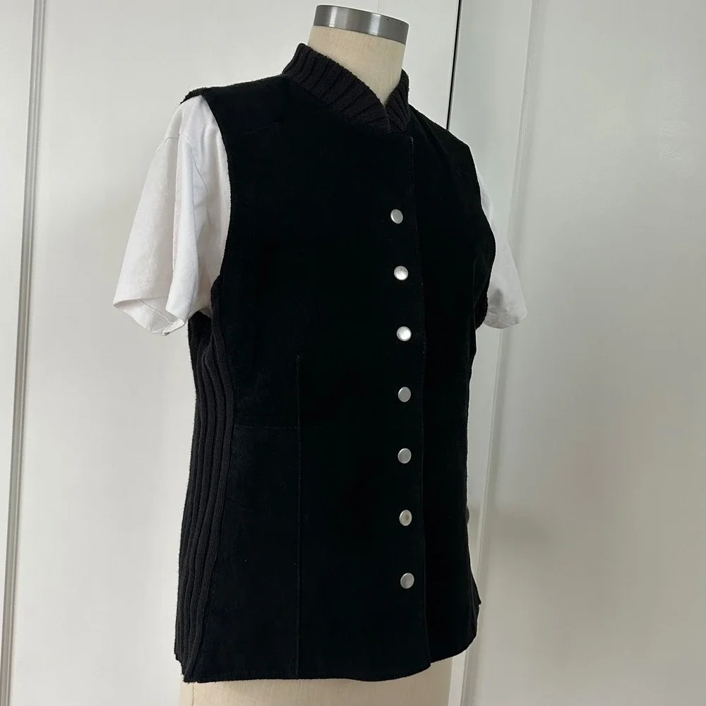 Christopher & Banks Black Suede Leather‎ Ribbed Knit Back Snap Front Vest Large